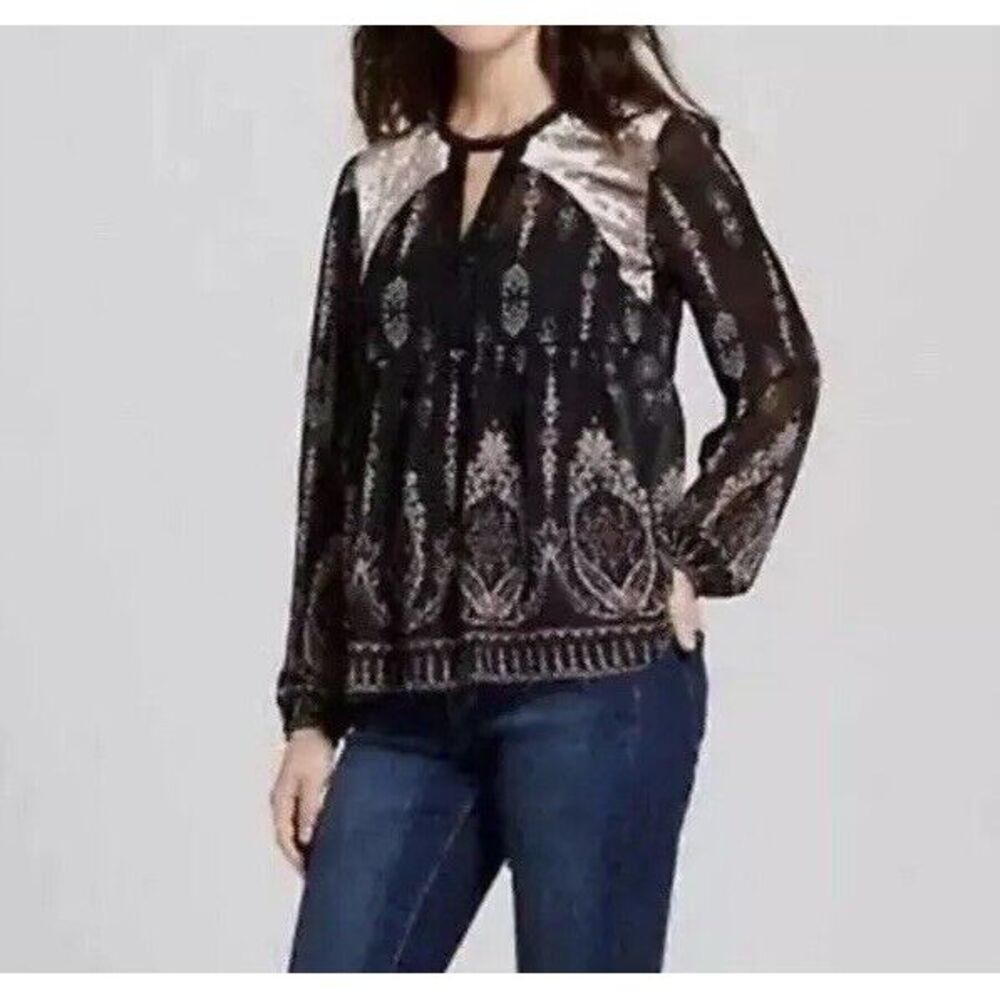 Knox Rose‎ Shirt Womens Size Small Black Velour Beaded Dark Cottagecore Sheer